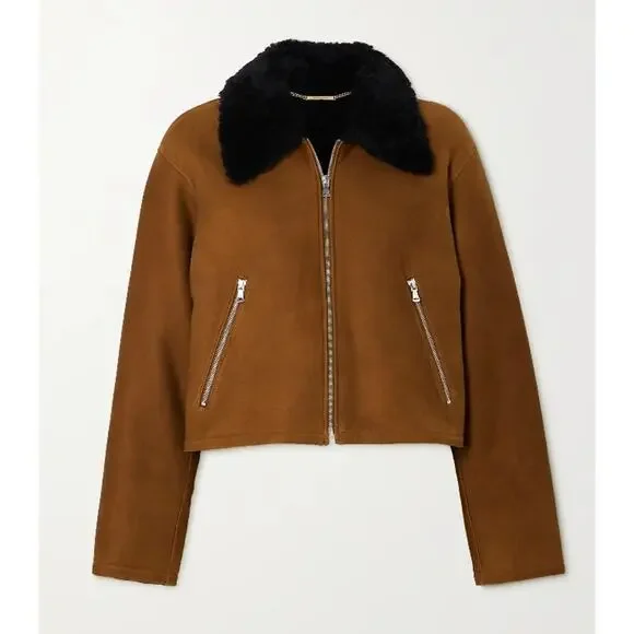 Nour Hammour S Nyla Simple Cropped Shearling Jacket in Cognac & Black - Picture 3 of 17